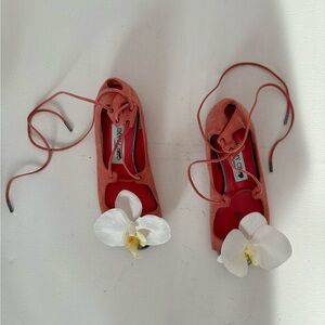 New  Jimmy Choo Pink Flats Sandals Orchid Flowers 39 9 Suede Wrap Straps Tie